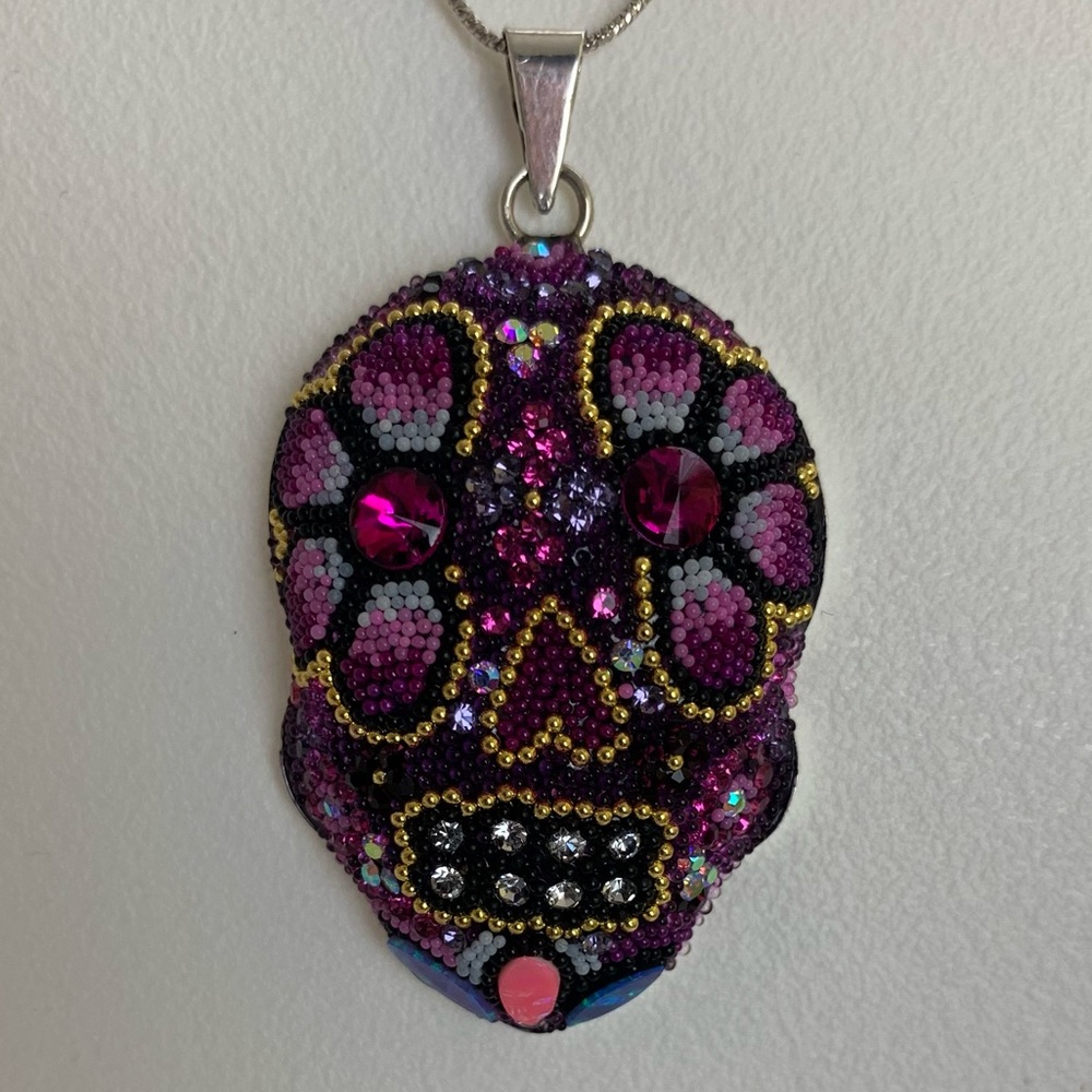 Dia De Los Muertos Purple Austrian Crystals Sugar Skull Pendant & Earrings Set